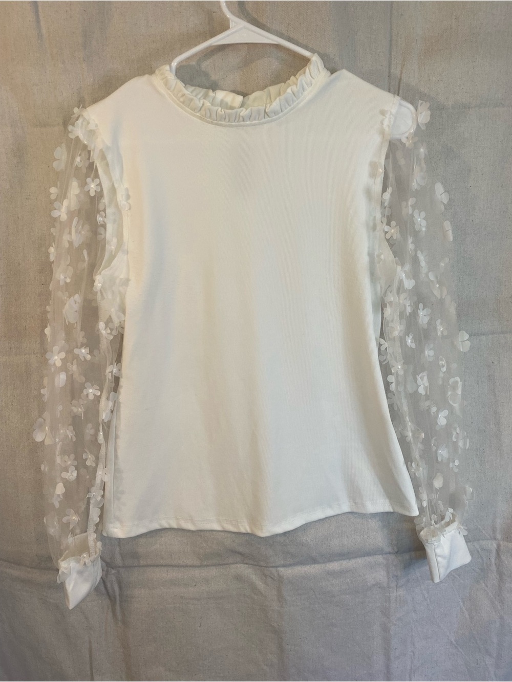 Women's White Ruffle Neck Top with Floral Mesh Sleeves